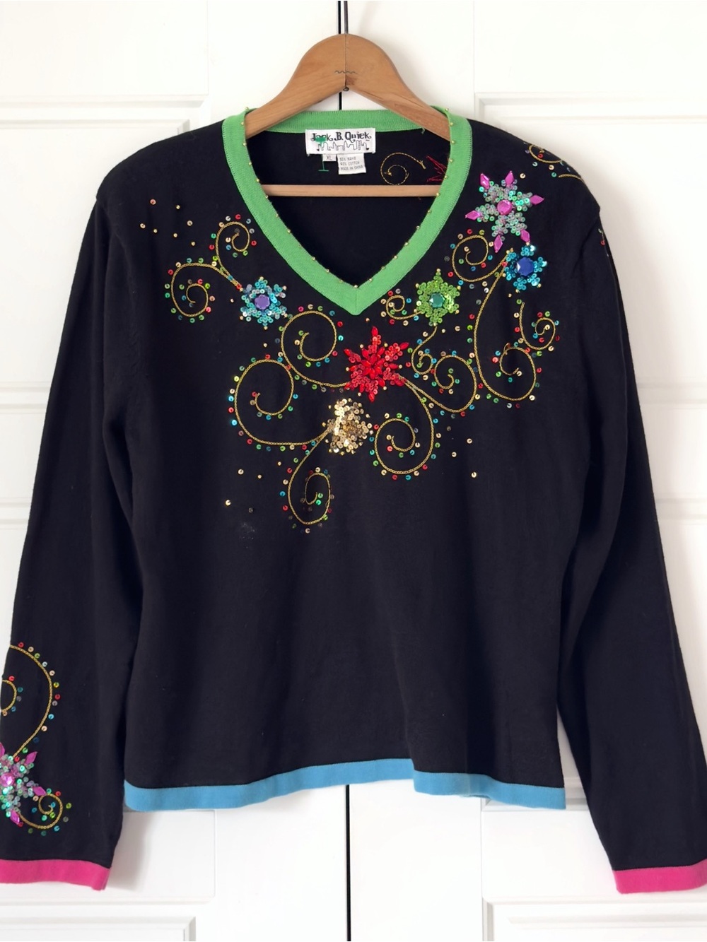 Vintage Jack B Quick Floral Sequin Sweater XL Colorful Festive Beaded Eclectic